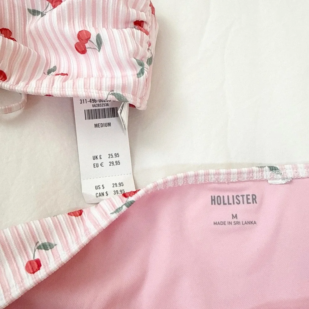 Hollister Cherry Stripe Bikini Set Pink Bandeau Tie Back Size M NWT